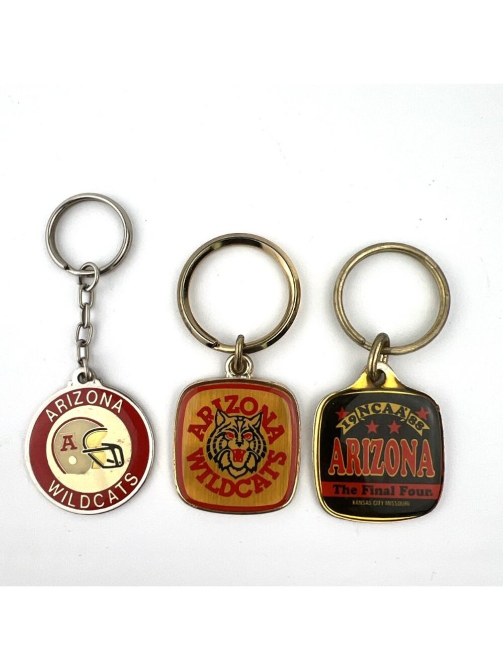 Lot of 3 Vtg Arizona Wildcats Keychains Brass Keyrings Enamel 1988 Final Four